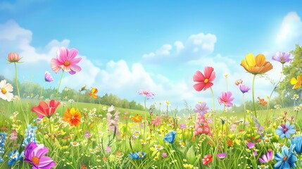 Fototapeta premium Vibrant Field of Colorful Wildflowers Under a Bright Blue Sky with Soft White Clouds