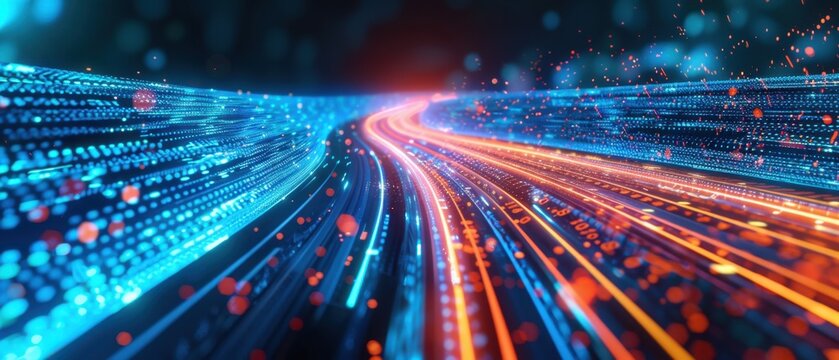 Abstract digital data highway with glowing light trails | Latar belakang teknologi aliran data dan kecerdasan buatan