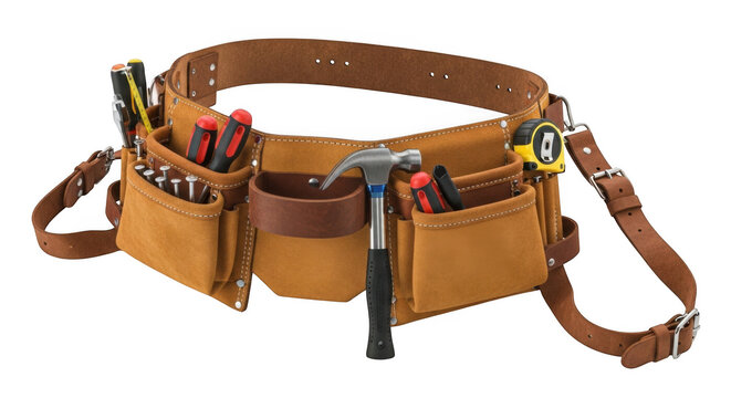 Brown leather tool belt with various tools isolated on transparent background