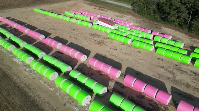 Transport truck positioned near rows of wrapped cotton bales on farmland near Headland, Henry County, Alabama, United States during cotton harvest logistics operations, aerial view.