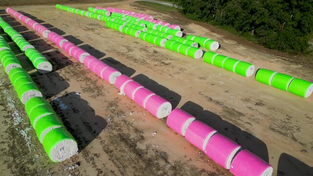 Rows of wrapped cotton bales rest on agricultural field near Headland in Henry County, Alabama, United States, showing modern mechanized cotton harvest storage, aerial drone view.