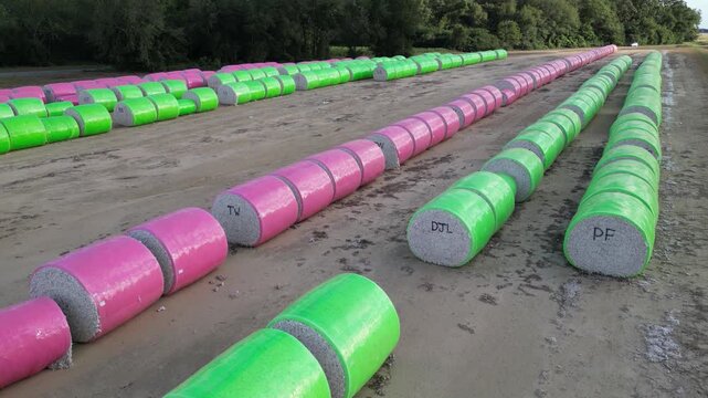 Rows of green and pink wrapped cotton bales stretch across farmland near Headland, Henry County, Alabama, United States during harvest season, drone ascending slow aerial.