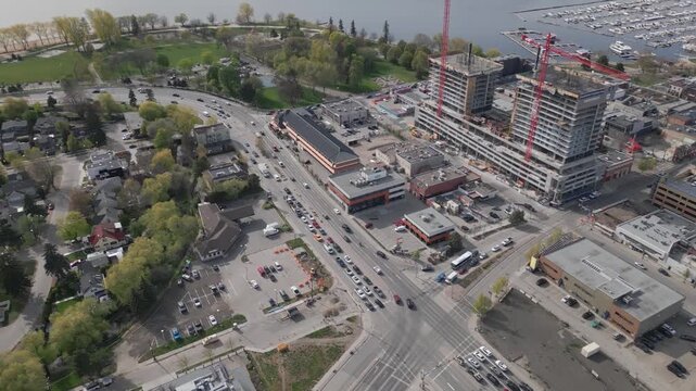 Aerial shot of traffic above small Canadian city
