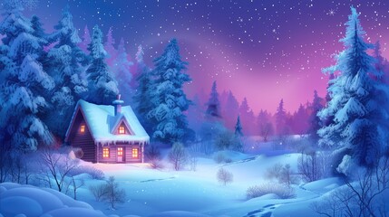 Fototapeta premium Cozy Snowy Cabin in a Winter Wonderland with Pine Trees and Starry Night Sky