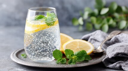 Fototapeta premium Refreshing beverage featuring carbonated water, lemon slices, and fresh mint leaves sits on a metal plate.
