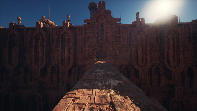 Sunlit ancient fortress wall with pathway leading toward carved gate, drone viewpoint over weathered stone, warm terracotta light, long shadows, atmospheric
