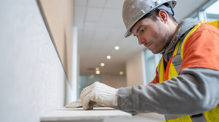 Focused worker in hard hat and safety vest smooths surface, showcasing diligence and precision in construction or renovation project