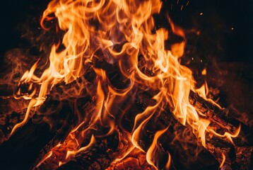 Fototapeta premium Intense orange fire flames burning wooden logs at night with flying sparks and hot embers closeup