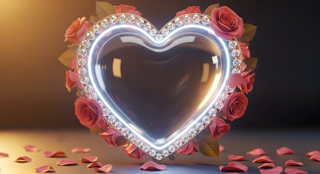 Red rose diamond glowing heart frame isolated on transparent background for festive decor