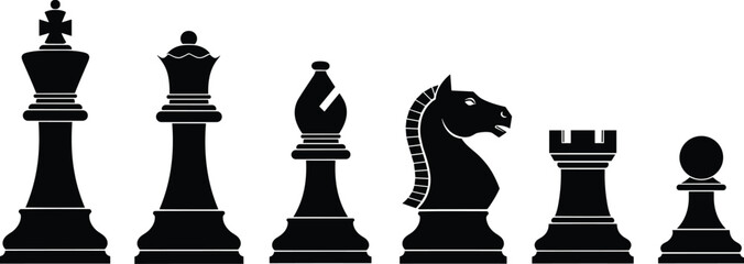 Chess pieces silhouettes set including king, queen, bishop, knight, rook and pawn, classic strategy board game elements isolated on white background vector illustration © Mostofa