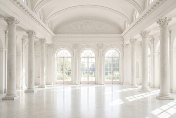 Naklejka premium Grand white neoclassical palace hall with marble pillars and bright arched glass doors