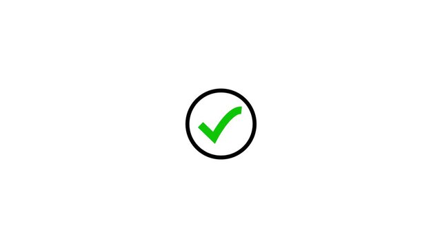 Green check mark inside black circle on white background, minimal approval icon with ample copy space.