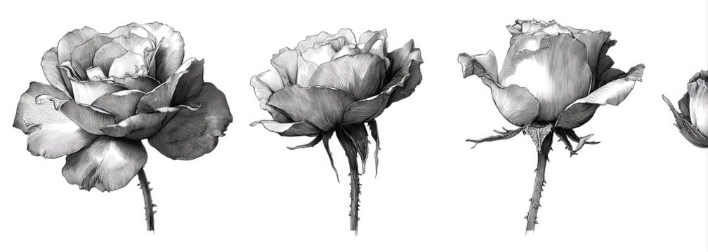 A monochrome botanical sketch of roses in various stages of bloom, showcasing details