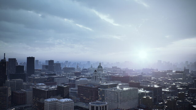 city skyline at cinematic blue sunrise, architect on rooftop imagines redevelopment, slowmoving clouds and soft haze soften towers, reflective glass