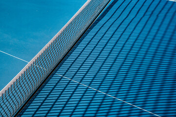 Close-up of the tennis court site. A tennis net that clearly divides the blue playing surface. Perfect for texture or texture, background image © KseniaJoyg