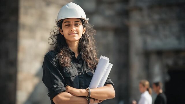 Female architect with plans: Confident female architect, adorned with a white hardhat, stands proudly, her arms crossed, clutching blueprints, symbolizing her role in creating structures.