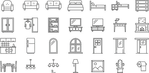 Home Furniture Line Icon Set with Sofa Bed Wardrobe Table Lamp Mirror and Interior Decoration Symbols Vector Illustration