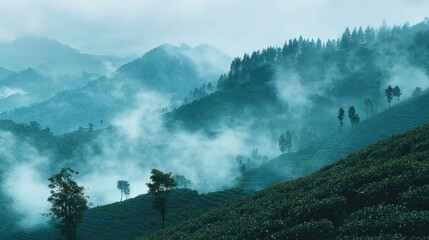 Rolling verdant hillsides covered in fog blanket the distant mountainous landscape