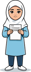 Fototapeta premium Muslim Schoolgirl Cartoon Illustration Holding a Blank Document for Study