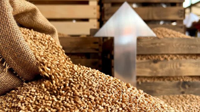 Grains Spilling from Burlap Sack onto Pile.