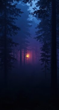 An unsettling and highly atmospheric scene in the deep woods at twilight, featuring densely packed coniferous trees obscured by deep shadows and heavy mist, wilderness, mysterious, foggy