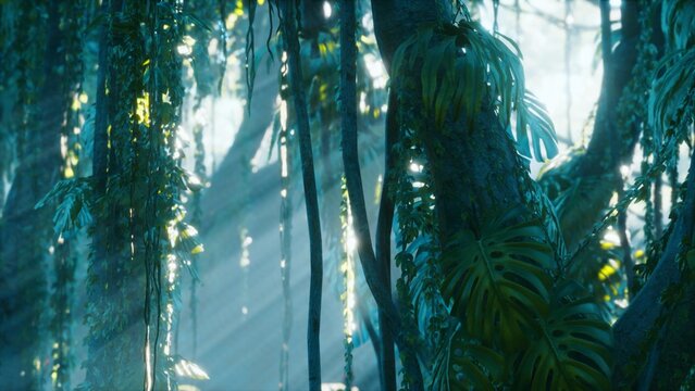 Sunlight filters through dense jungle trees, creating a mystical atmosphere. Green leaves glisten, revealing the serenity of this untouched nature. A world full of life thrives in the shadows.