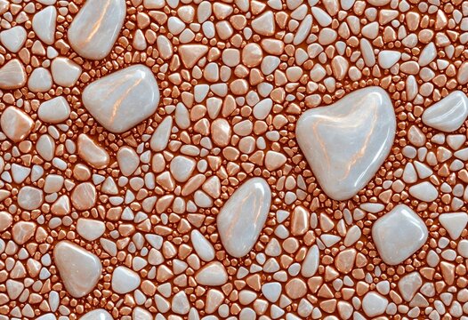 3D render of a seamless aventurescence sunstone pebble texture, rose gold and white mosaic background