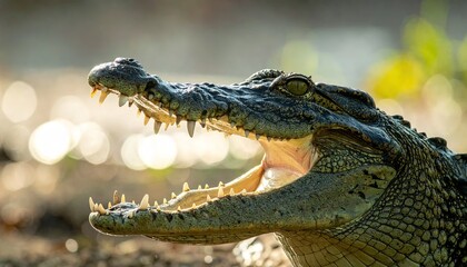 Obraz premium Close-up of a crocodile, open-mouthed, with teeth visible, set against a blurred background