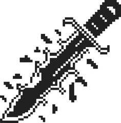 Obraz premium Pixel art black dagger breaking through surface with shards flying, vintage video game weapon