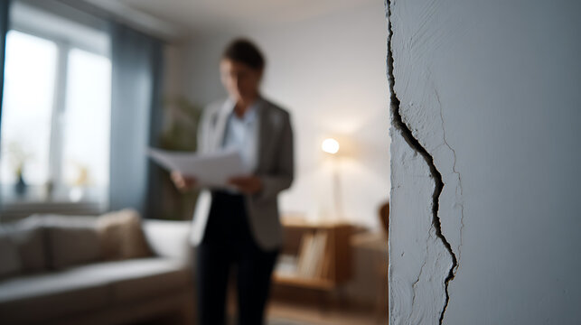 Serious wall crack with blurred person holding documents, symbolize property damage, home inspection, instability, and urgent need for repair
