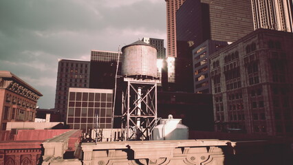 A classic water tower stands tall amidst a backdrop of modern skyscrapers in the city. The scene captures a blend of old and new architecture under a dramatic sky. © icetray