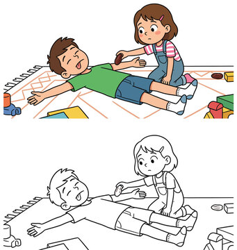 Exhausted Boy Playing Dead, Girl Checking Pulse Humorous Cartoon Illustration