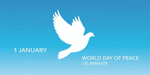 Fototapeta premium World Day of Peace poster with flying dove and blue sky
