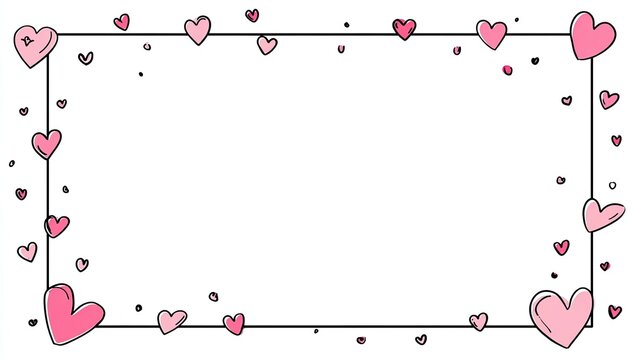 A rectangular frame decorated with various sizes of pink hearts scattered around the edges