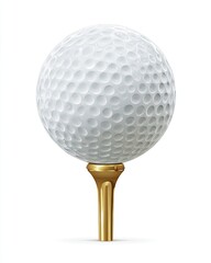 A white dimpled sphere on a gold tee, perfectly centered against a clean white background