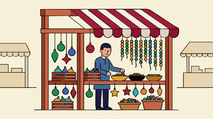 Pixel Art Market Stall Displaying Colorful Trinkets and Ornaments Under a Striped Awning with a Vendor Arranging Goods