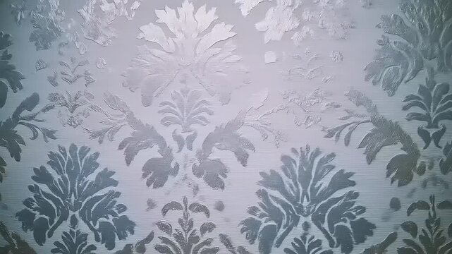 Gray floral wallpaper with damask pattern.