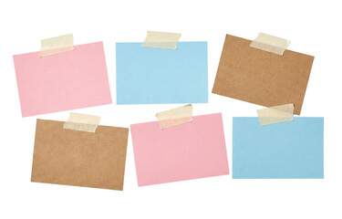 Set of colorful paper notes with masking tape isolated on transparent background including pink, blue and brown cards.