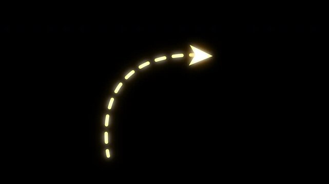 A glowing dashed arrow curves upward against a dark background, representing progress, directional movement for digital interfaces., alpha channel only 4k

