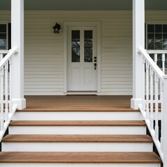 Clean wooden front porch deck featuring white posts and steps, isolated against a soft background, emphasizing home entry and architectural detail ,empty ,daytime ,painted