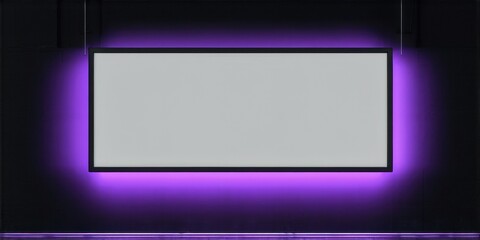 Fototapeta premium Blank screen dominates dark room. Purple lighting surrounds display, creating dramatic effect. Minimalist setup focuses viewer attention.
