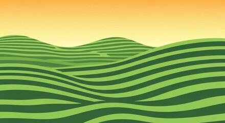 Obraz premium Wavy green hills landscape with yellow sunset background natural scenery with rolling hills and vibrant colors