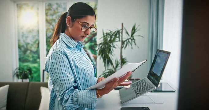 Remote work, paperwork and woman on walking pad for copywriting, editing and article research. Home, health and person with step count for freelance career on computer for news, story or proofreading