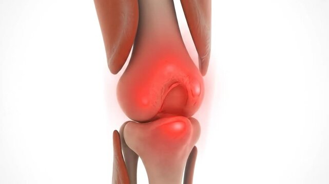 Anatomical 3D Render of a Human Knee Joint with Inflammation and Pain Indicated by Red Highlights