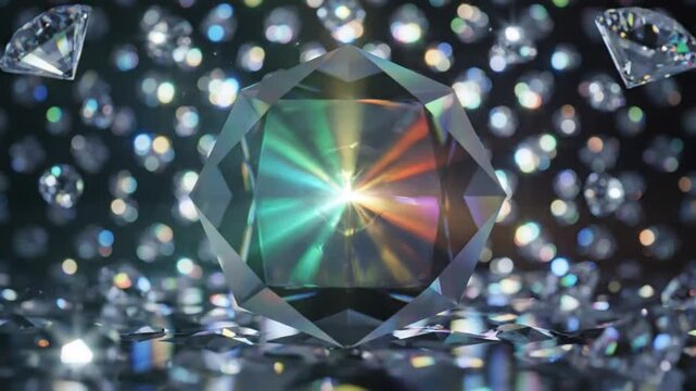 Rotating Diamond with Colorful Light Reflections and Glittering Bokeh Background for Jewelry or Luxury Concepts