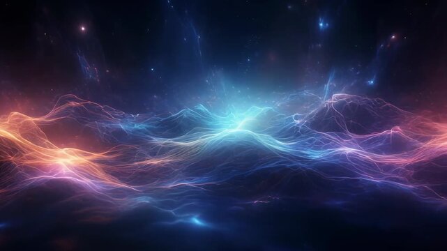 Vibrant energy waves flow across a digital network, creating an abstract landscape of interconnected light, symbolizing dynamic technological advancement.