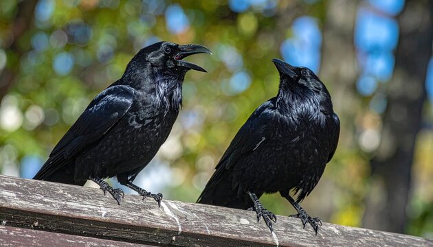 Two glossy black birds perch on a weathered wooden surface, one with beak open