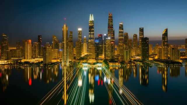 Stunning Timelapse of a Modern City Skyline Reflecting in Water from Dusk Till Night