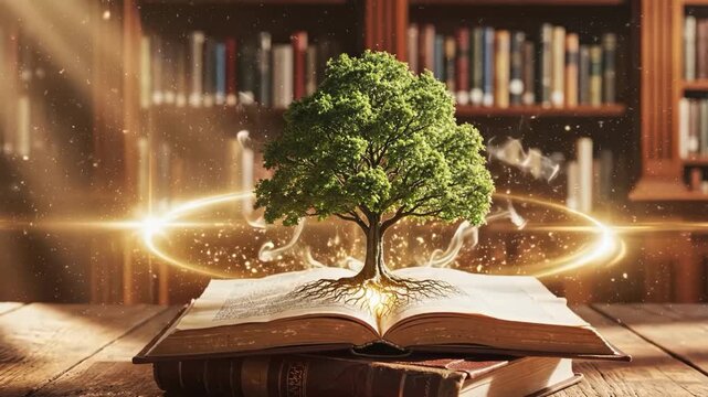 Tree of knowledge growing from open book in library setting