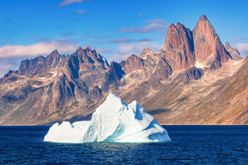 Icebergs and mountains of Prince Christian Sound. Southern Greenland.